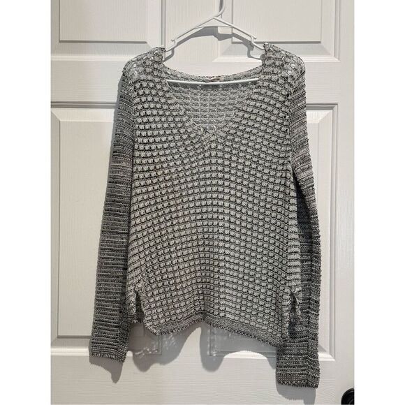 Helmut Lang Sweater Open Knit Long Sleeve Black White Grey Wide Neck Pullover L - Picture 2 of 15